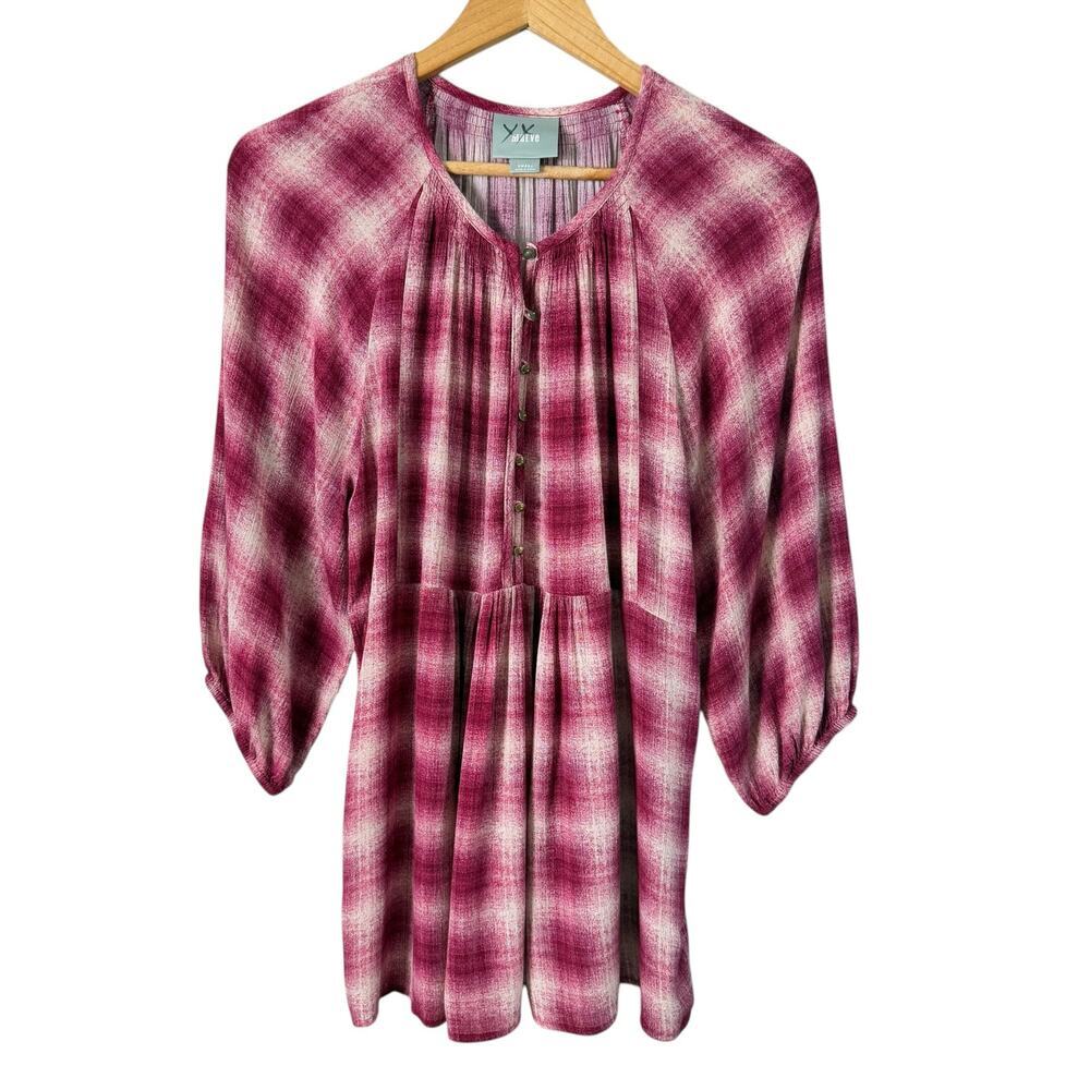 Anthropologie Maeve Pink Plaid Oversized‎ Tunic Blouse Puff Sleeves, Size Small